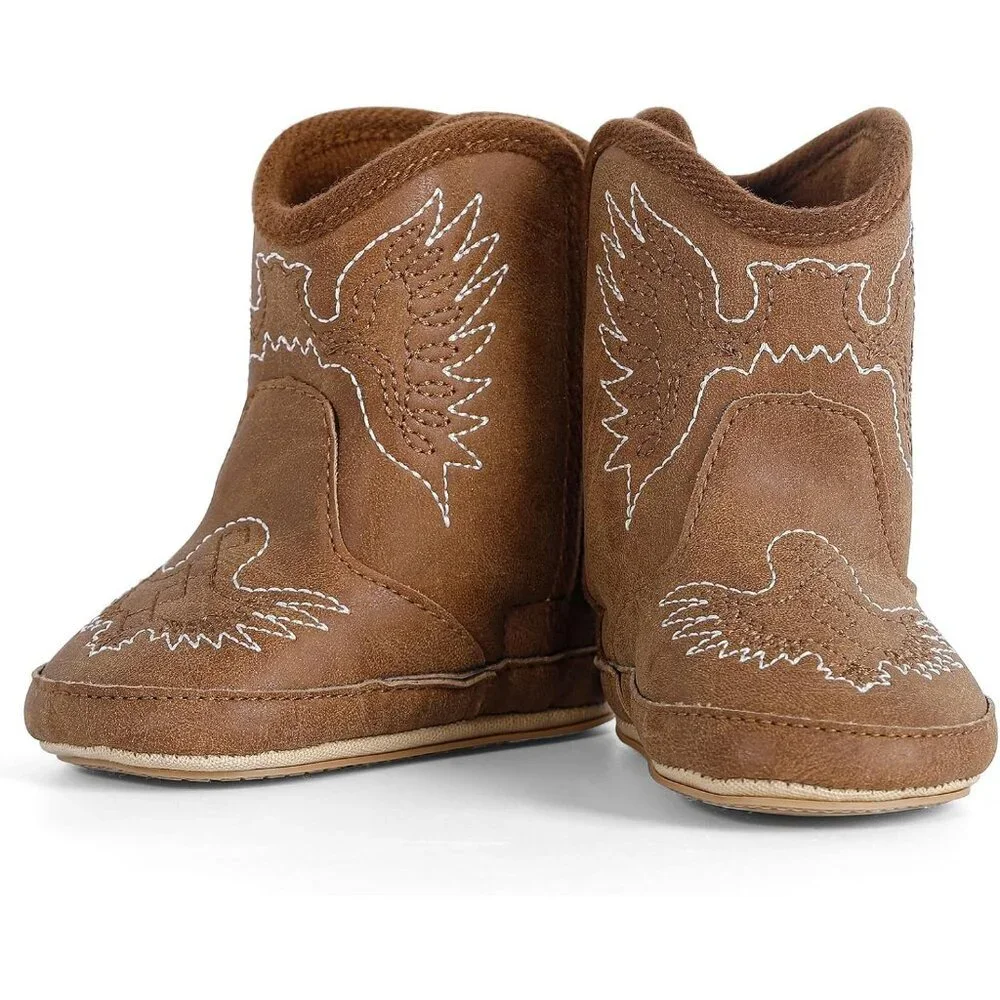 Infant Toddler Brown Embroidered Faux Leather Western Rubber Sole Tassel Booties